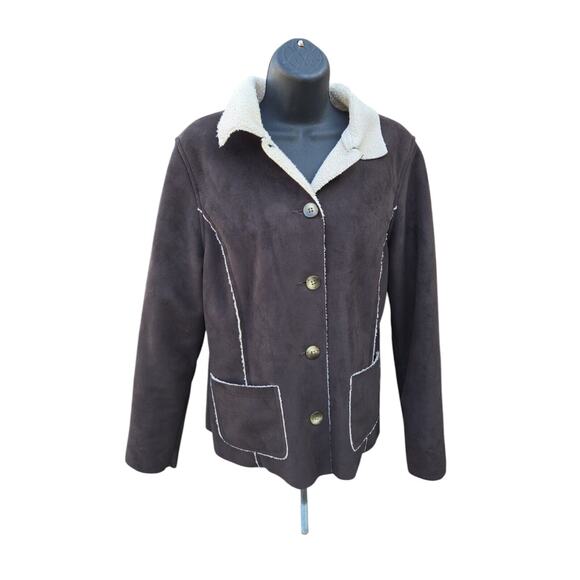 L.L. Bean Faux Suede Shearling Womens Button Jacket Sz M Dark Brown - Picture 1 of 11
